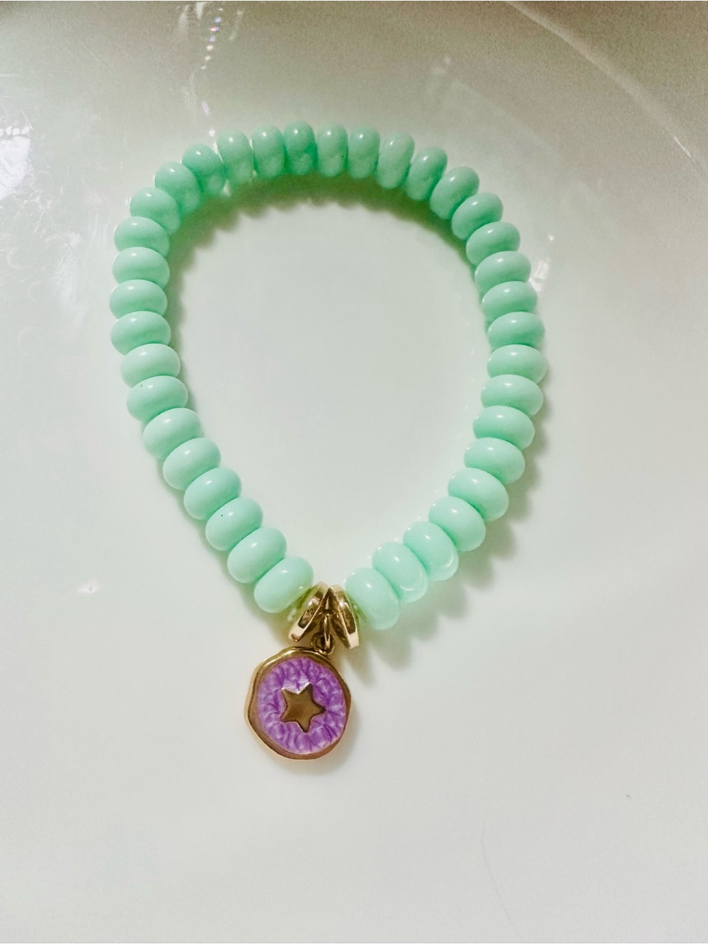 Mint Bead Bracelet with Gold Accents and Purple Star Charm